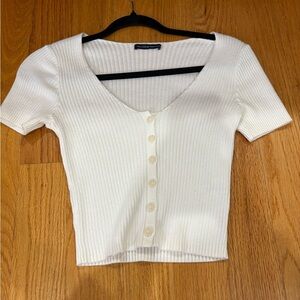 Brandy Melville Cream Ribbed Button-Up Crop Top